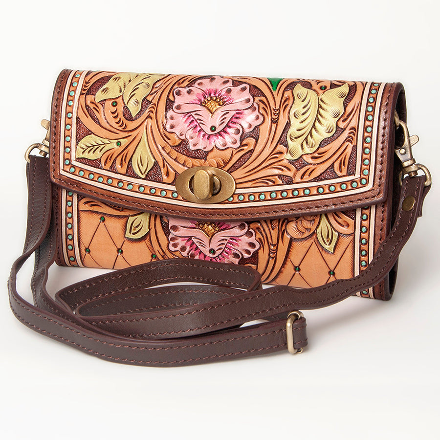 American Darling Western Leather Small Cross body Bag - Hand Tooled Floral Carved Purse - Uhorse
