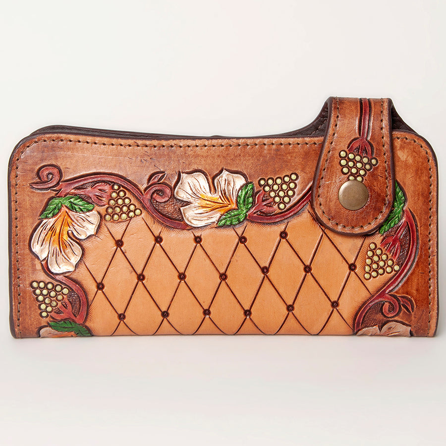 American Darling Clutch Bag, Hand Tooled Floral Carved Genuine Leather, Western Slim Wallet & Organizer with YKK Zipper