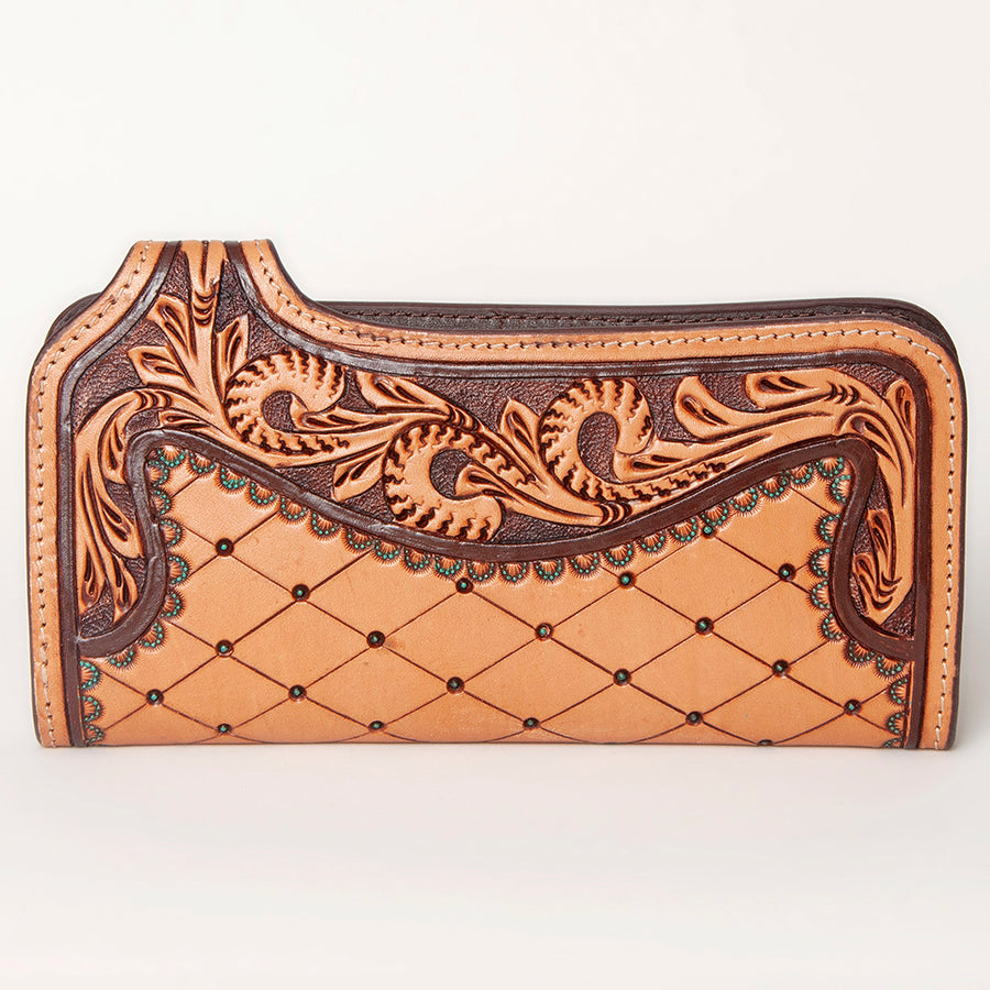 American Darling Clutch Bag, Hand Tooled Floral Carved Genuine Leather, Western Slim Wallet & Organizer with YKK Zipper