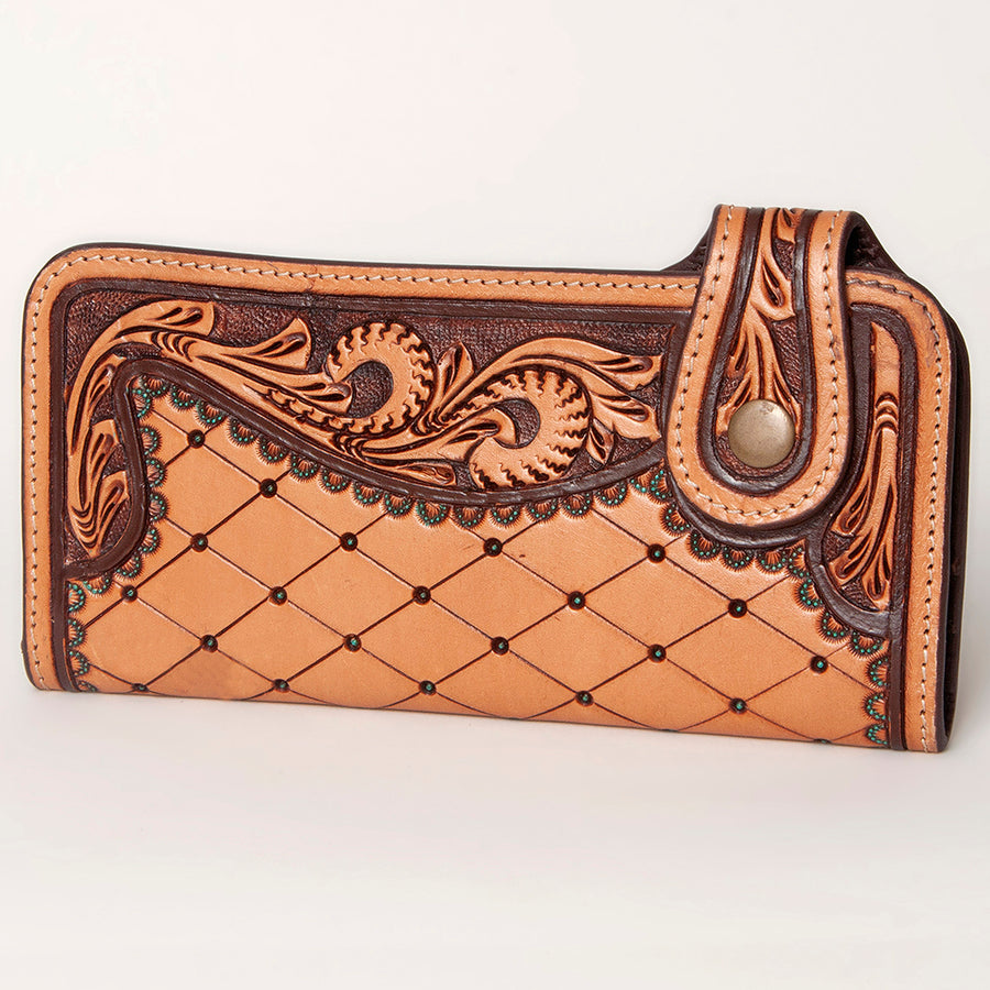 American Darling Western Leather Clutch Bag - Hand Tooled Floral Carved Wallet - Uhorse