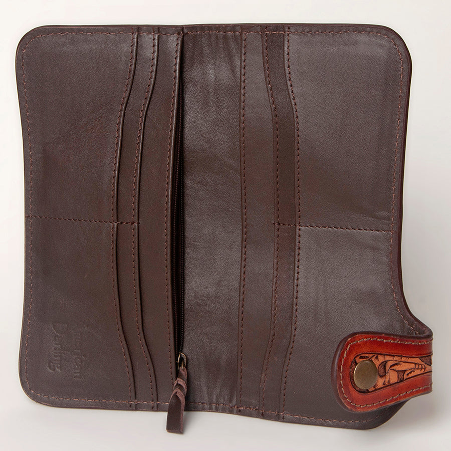 American Darling Clutch Bag, Hand Tooled Floral Carved Genuine Leather, Western Slim Wallet & Organizer with YKK Zipper