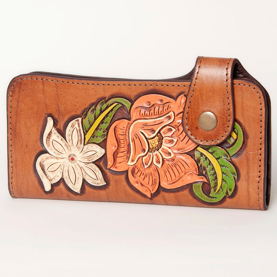 American Darling Western Leather Clutch Bag - Hand Tooled Floral Carved Wallet - Uhorse