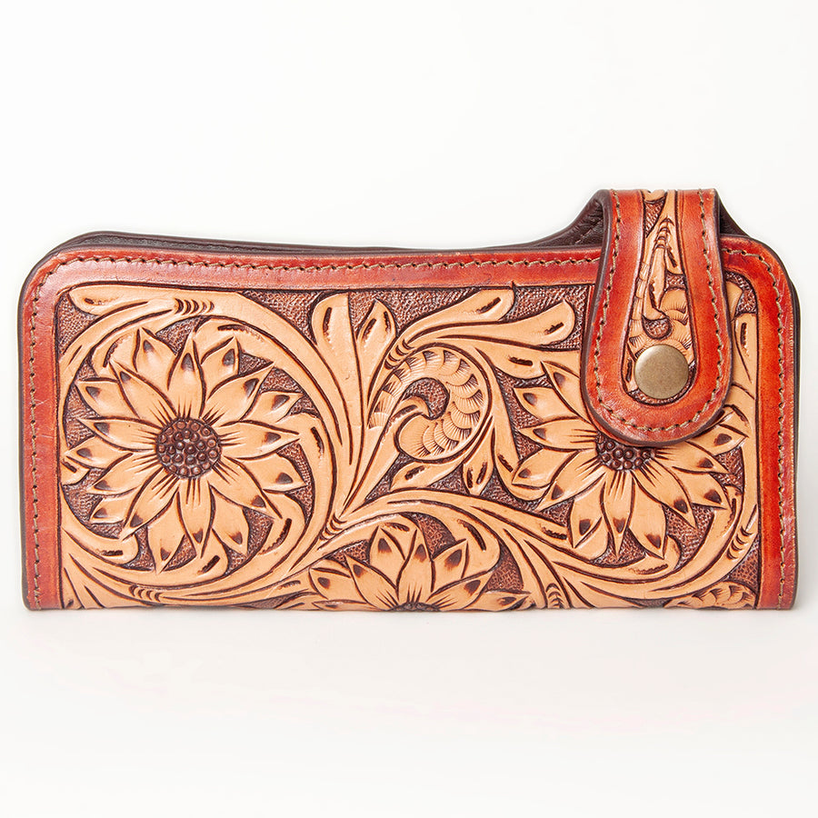 American Darling Clutch Bag, Hand Tooled Floral Carved Genuine Leather, Western Slim Wallet & Organizer with YKK Zipper