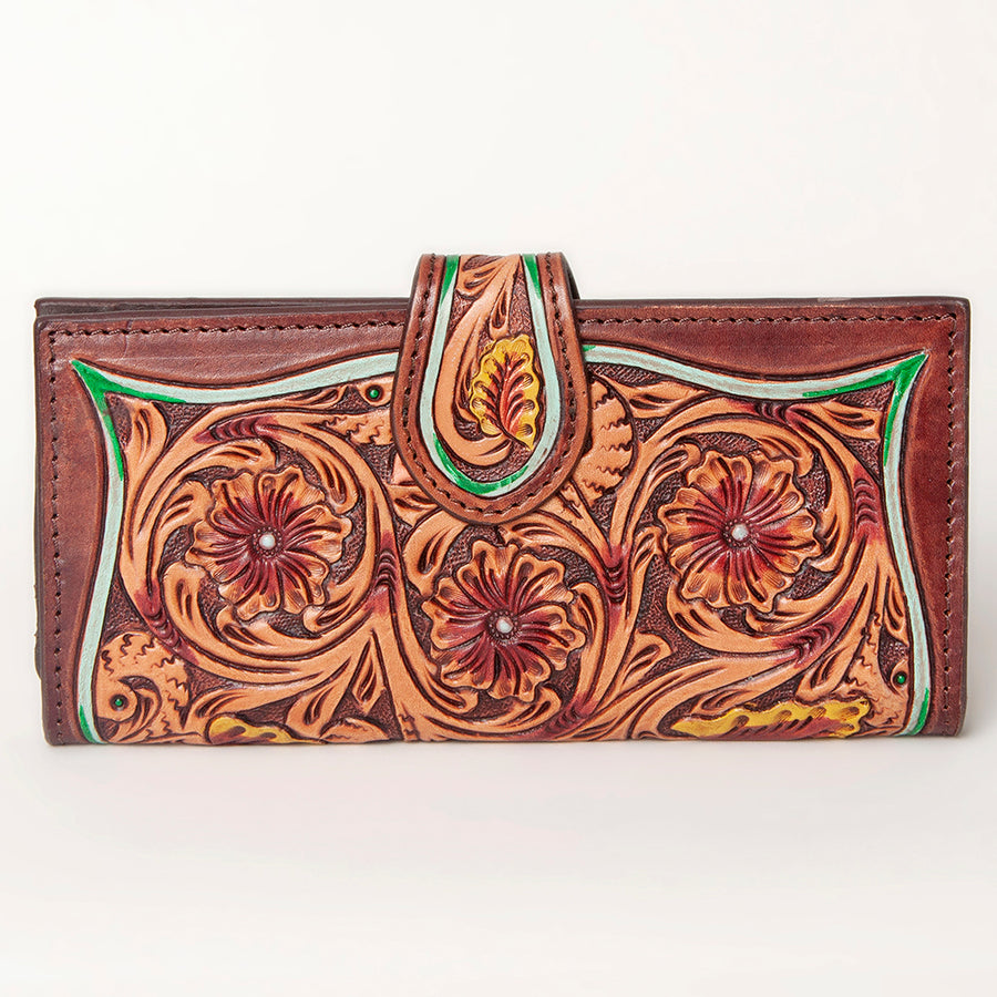 American Darling Clutch Bag, Hand Tooled Floral Carved Genuine Leather, Western Organizer Wallet with YKK Zipper