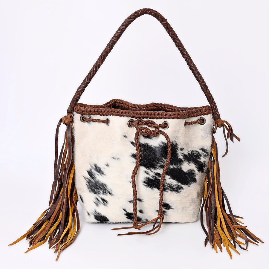 American Darling Bucket Bag Western Genuine Leather Handcrafted Purse with Fringes, Braided Strap and Turquoise Stone