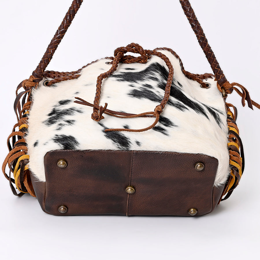 American Darling Bucket Bag Western Genuine Leather Handcrafted Purse with Fringes, Braided Strap and Turquoise Stone