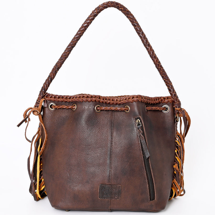 American Darling Bucket Bag Western Genuine Leather Handcrafted Purse with Fringes, Braided Strap and Turquoise Stone