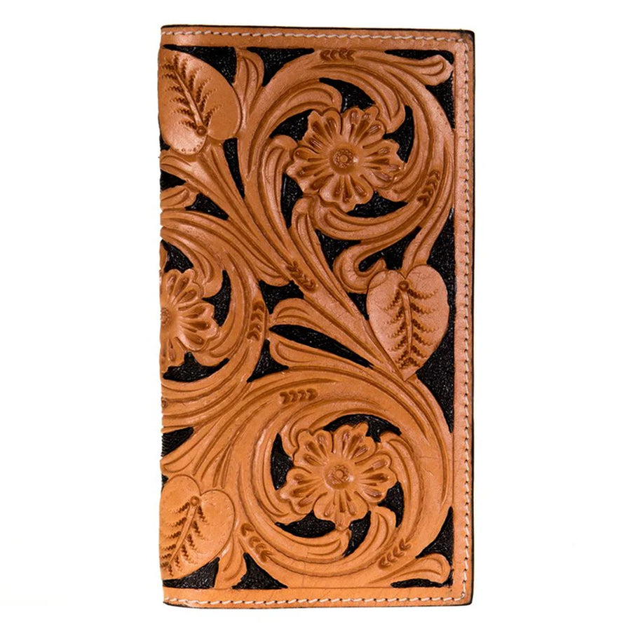 HILASON Western Hand-Tooled Natural Leather Floral Bifold Wallet Black Contrast - Uhorse