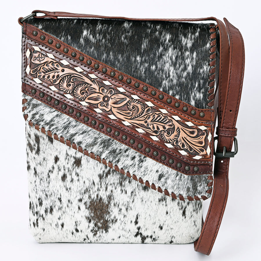 American Darling Hair-on Cowhide Hand-Tooled Crossbody Bag for Women – Genuine Leather Western Purse with Adjustable Strap and Rustic Carving