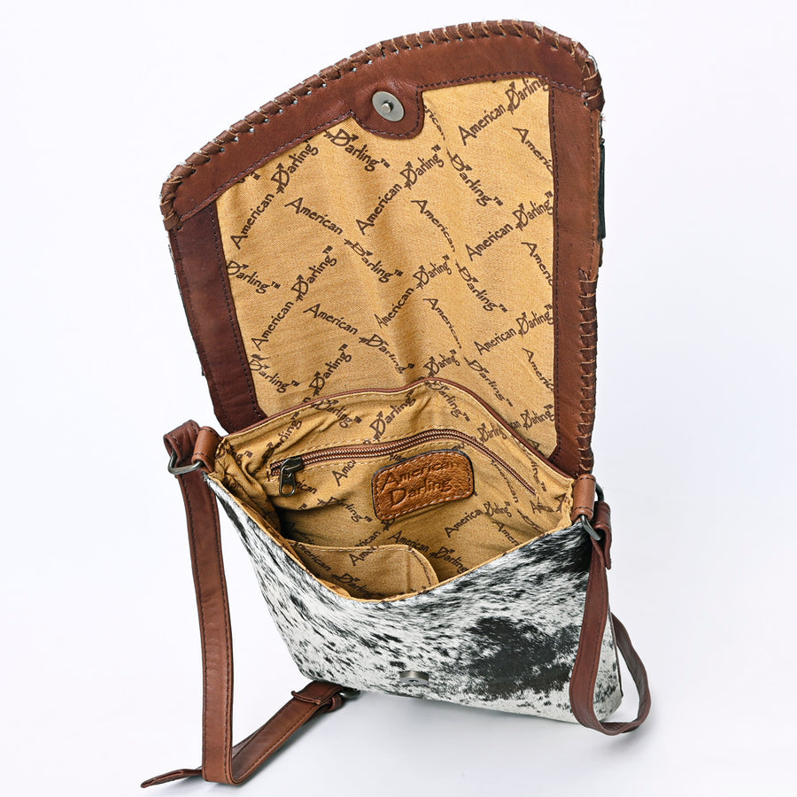 American Darling Hair-on Cowhide Hand-Tooled Crossbody Bag for Women – Genuine Leather Western Purse with Adjustable Strap and Rustic Carving