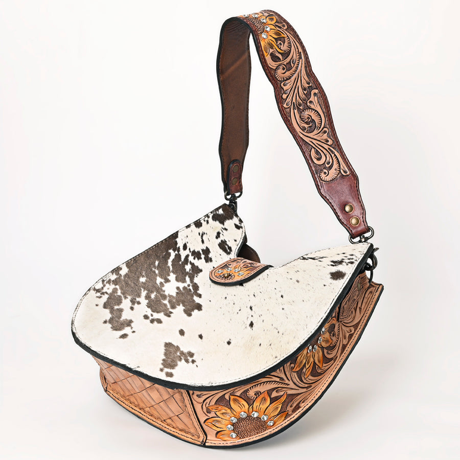 American Darling Hair-on Cowhide Hobo Bag for Women – Genuine Leather Western Shoulder Purse with Hand-Tooled Floral Strap and Artisan Detailing