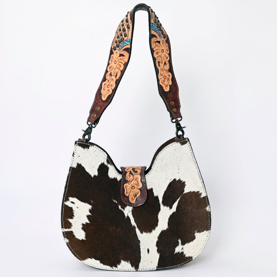 American Darling Hair-on Cowhide Hobo Bag for Women – Genuine Leather Western Shoulder Purse with Hand-Tooled Floral Strap and Artisan Detailing
