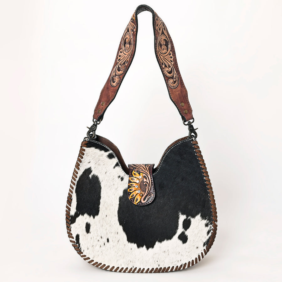American Darling Hair-on Cowhide Hobo Bag for Women – Genuine Leather Western Shoulder Purse with Hand-Tooled Floral Strap and Artisan Detailing