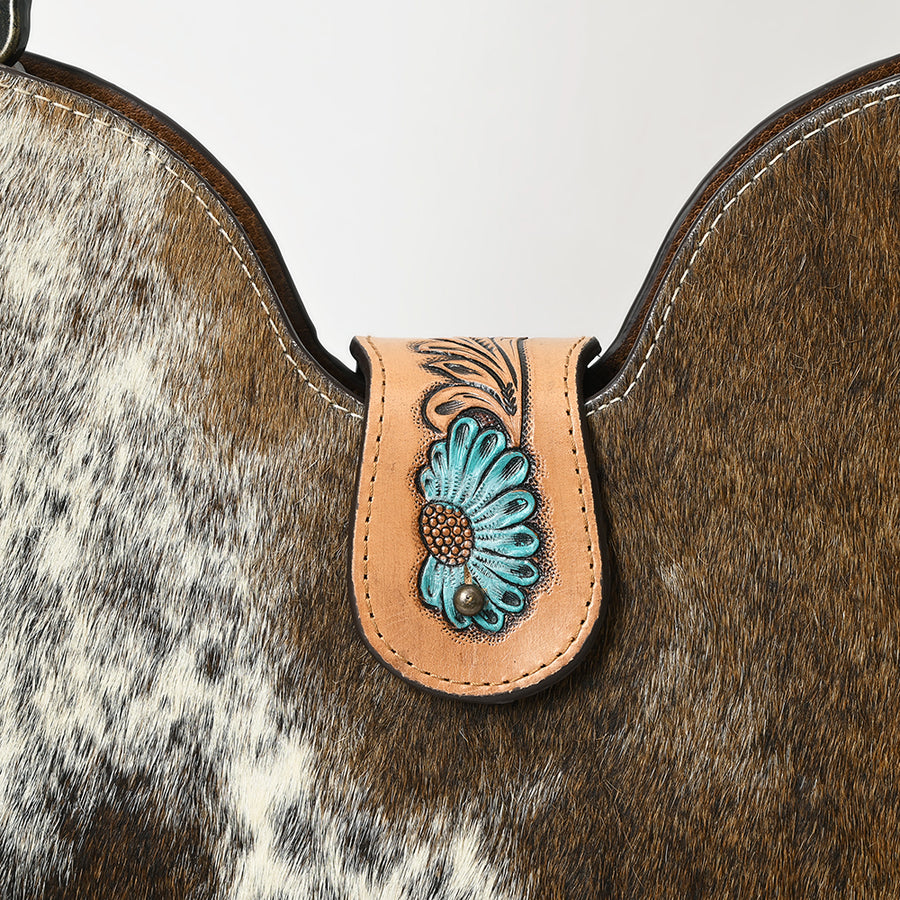 American Darling Western Hair-on Cowhide Leather Hobo Bag – Hand-Tooled Floral Design, Adjustable Strap