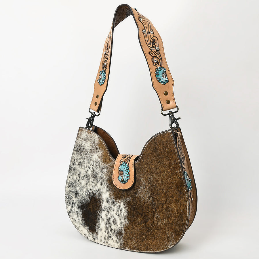 handcrafted hair-on cowhide western hobo bag with tooled strap by American Darling