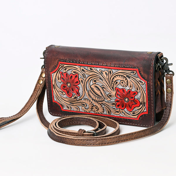American Darling Hand-Tooled Leather Organizer Crossbody Bag with Floral Inlay - Uhorse