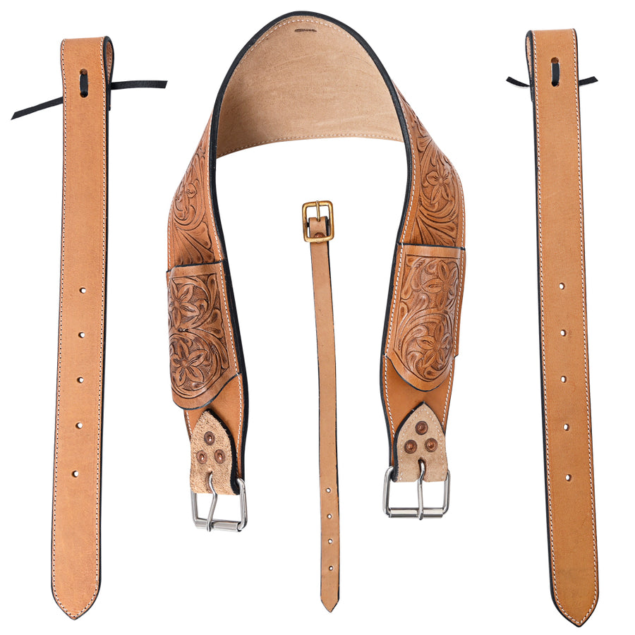 Comfytack Horse Saddle Flank Cinch Girth Handtooled Leather with Billets Antique Tan - Uhorse