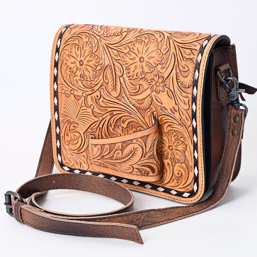 American Darling Hand-Tooled Leather Small Crossbody Bag with Floral Carving - Uhorse