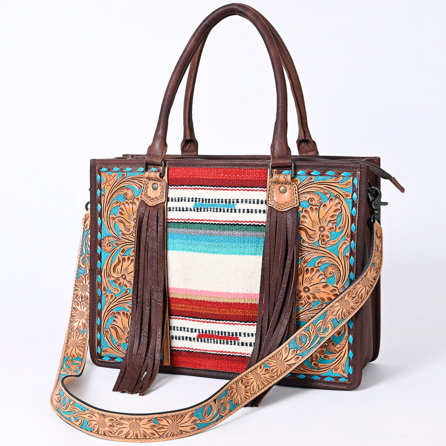 American Darling Hand Tooled Floral Western Leather Woven Saddle Blanket Tote Bag - Uhorse