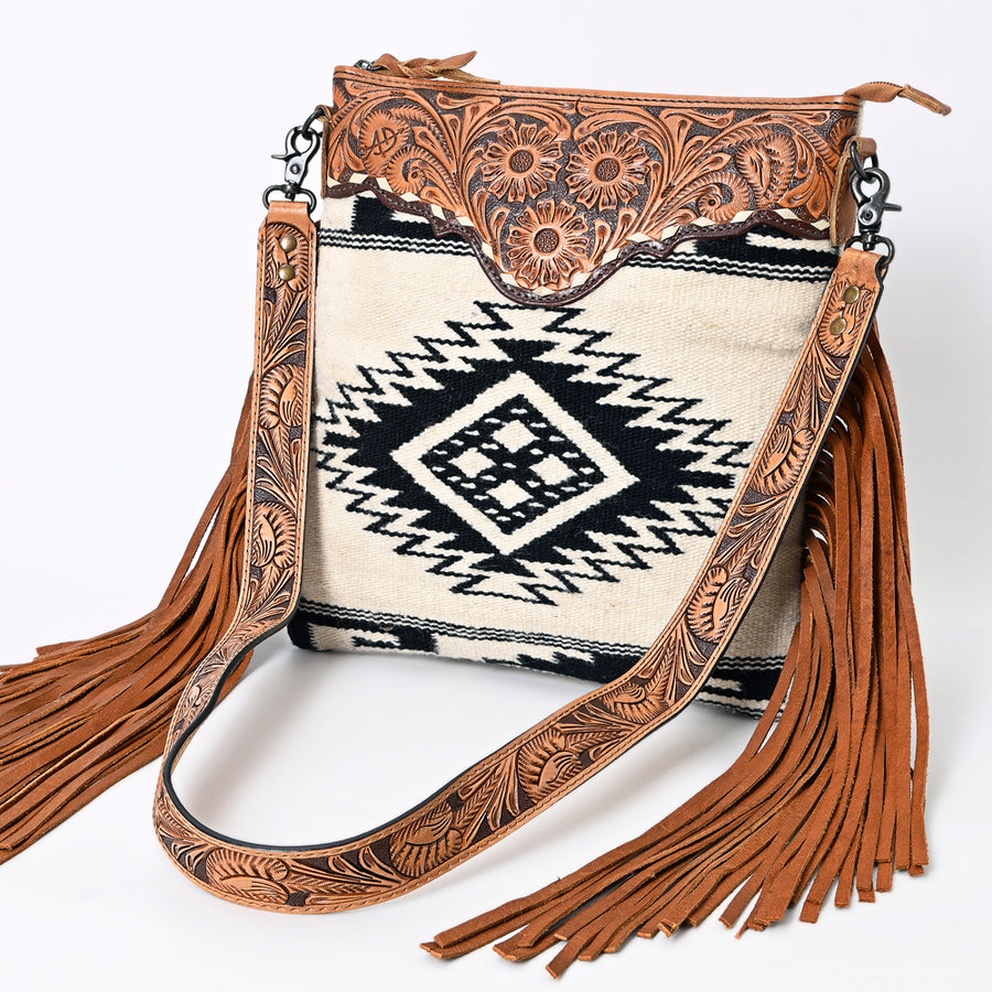 American Darling Large Crossbody Hand Tooled Saddle Blanket Fabric Genuine Leather Western Women Bag Handbag Purse - Uhorse