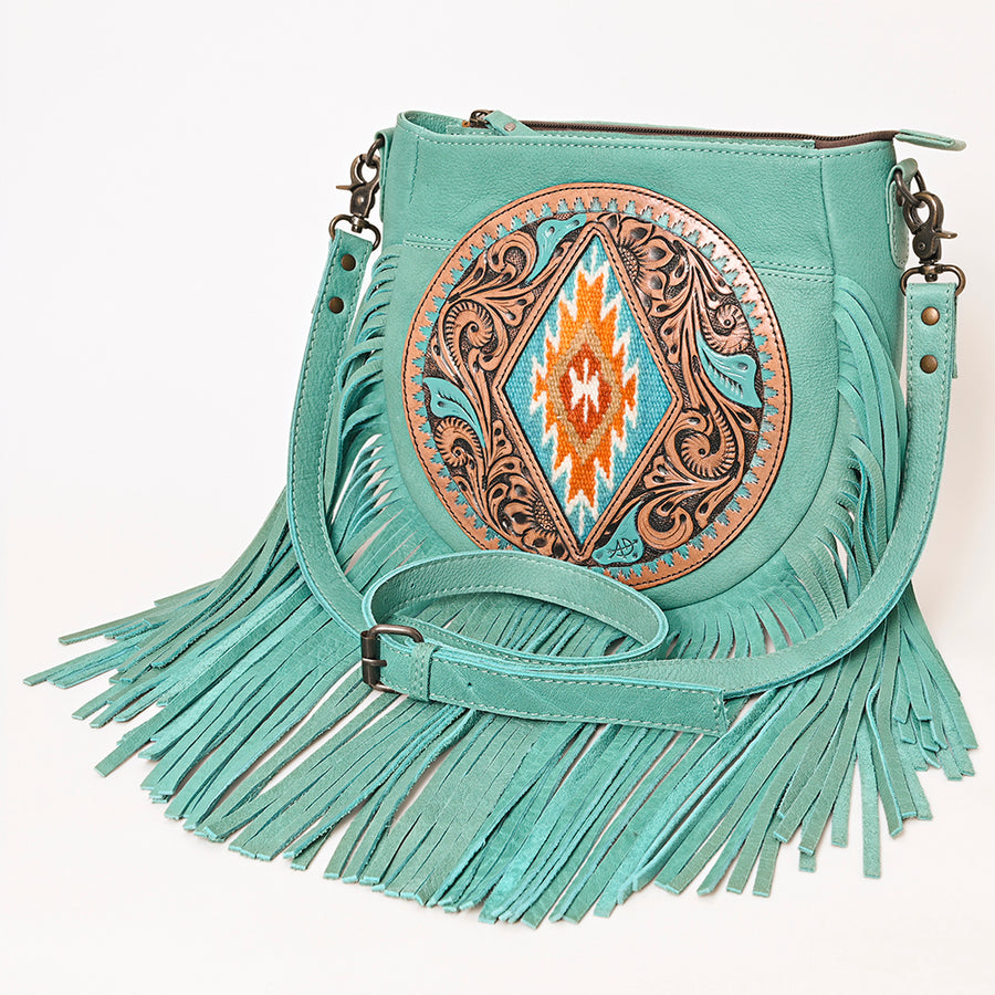 American Darling Hand-Tooled Hair-On Leather Crossbody Bag for Women – Genuine Western Cowhide Purse with Fringe Detailing and Adjustable Strap