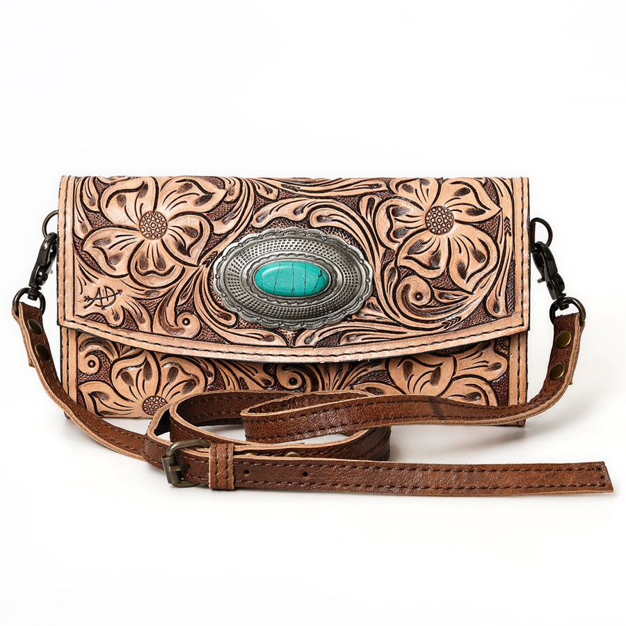 American Darling Wallet, Hand Tooled Genuine Vegetable-Tanned Leather, Western Handcrafted Tooled Crossbody Wallet for Women