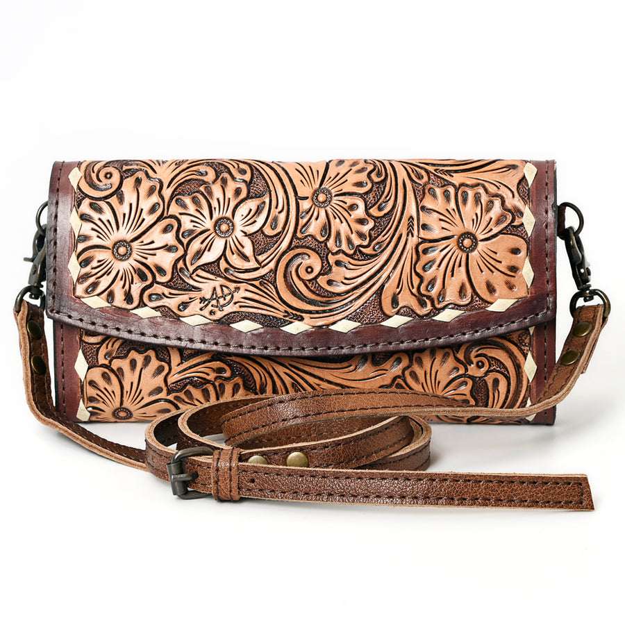 American Darling Wallet, Hand Tooled Genuine Vegetable-Tanned Leather, Western Handcrafted Tooled Crossbody Wallet for Women