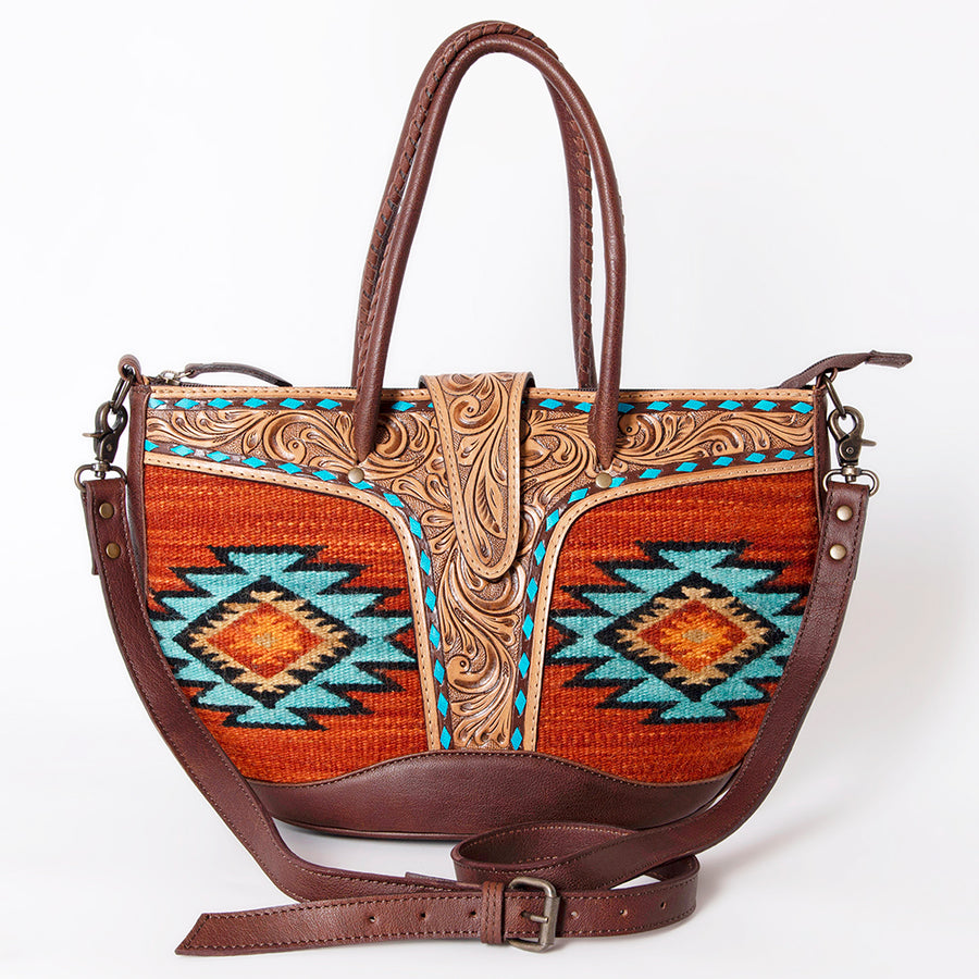 American Darling Western Tote Bag – Hand-Woven Saddle Blanket Design with Genuine Leather, Tooled Floral Accents, and Detachable Strap