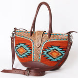 handwoven saddle blanket western tote bag with tooled leather floral accents and design by American Darling