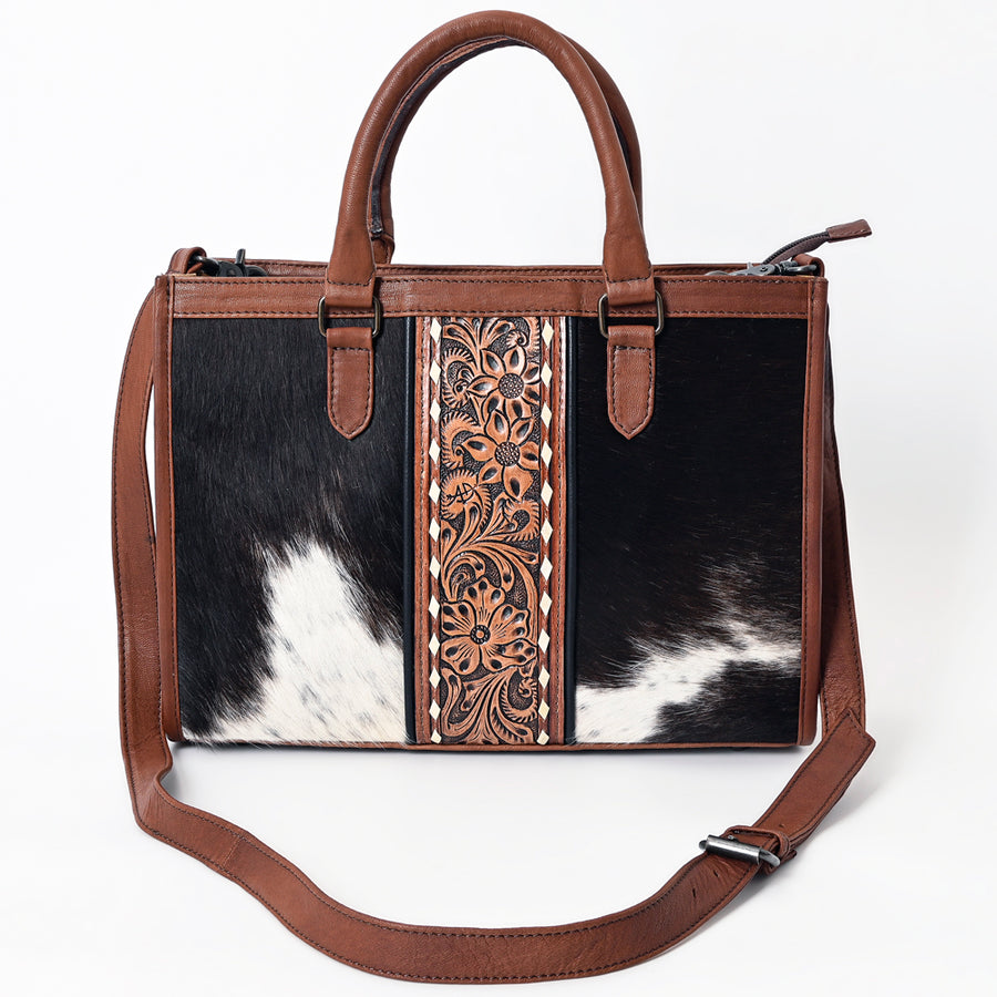 American Darling Hair-on Cowhide Tote Bag – Genuine Leather Western Purse with Hand-Tooled Floral Panel, Dual Handles, and Adjustable Strap