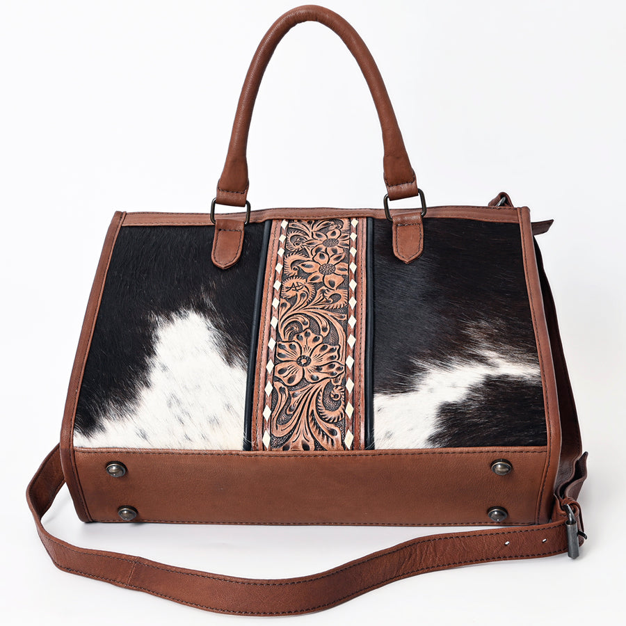 American Darling Hair-on Cowhide Tote Bag – Genuine Leather Western Purse with Hand-Tooled Floral Panel, Dual Handles, and Adjustable Strap