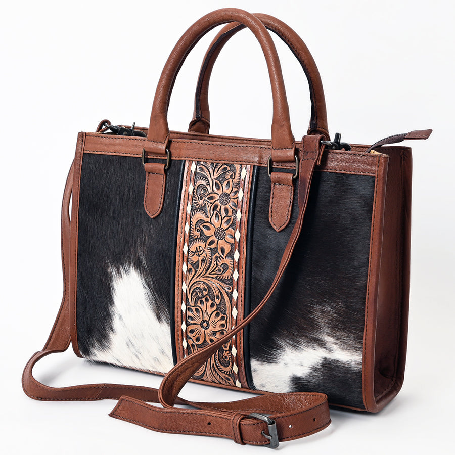 American Darling Hair-on Cowhide Leather Tote Bag with Tooled Floral Panel - Uhorse