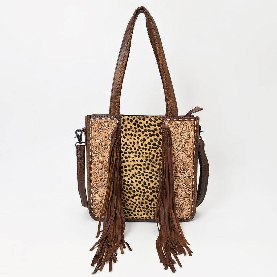 American Darling Western Tote Bag – Genuine Hair-on Cowhide and Leather, Hand-Tooled Floral Design with Long Fringes and Dual Carry Straps