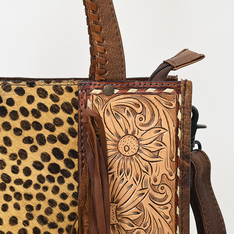 American Darling Western Tote Bag – Genuine Hair-on Cowhide and Leather, Hand-Tooled Floral Design with Long Fringes and Dual Carry Straps