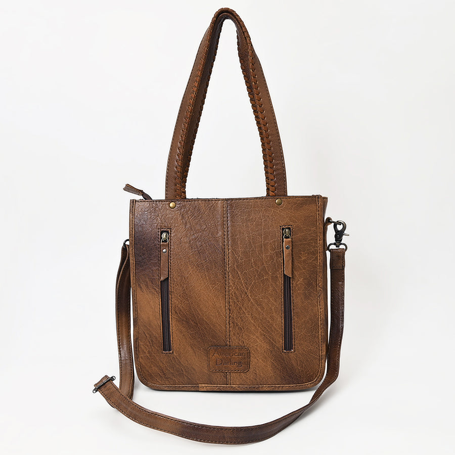 American Darling Western Tote Bag – Genuine Hair-on Cowhide and Leather, Hand-Tooled Floral Design with Long Fringes and Dual Carry Straps