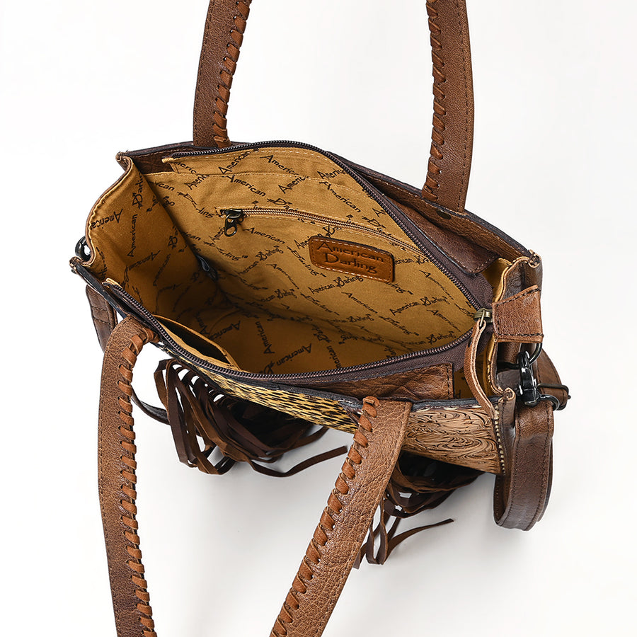 American Darling Western Tote Bag – Genuine Hair-on Cowhide and Leather, Hand-Tooled Floral Design with Long Fringes and Dual Carry Straps
