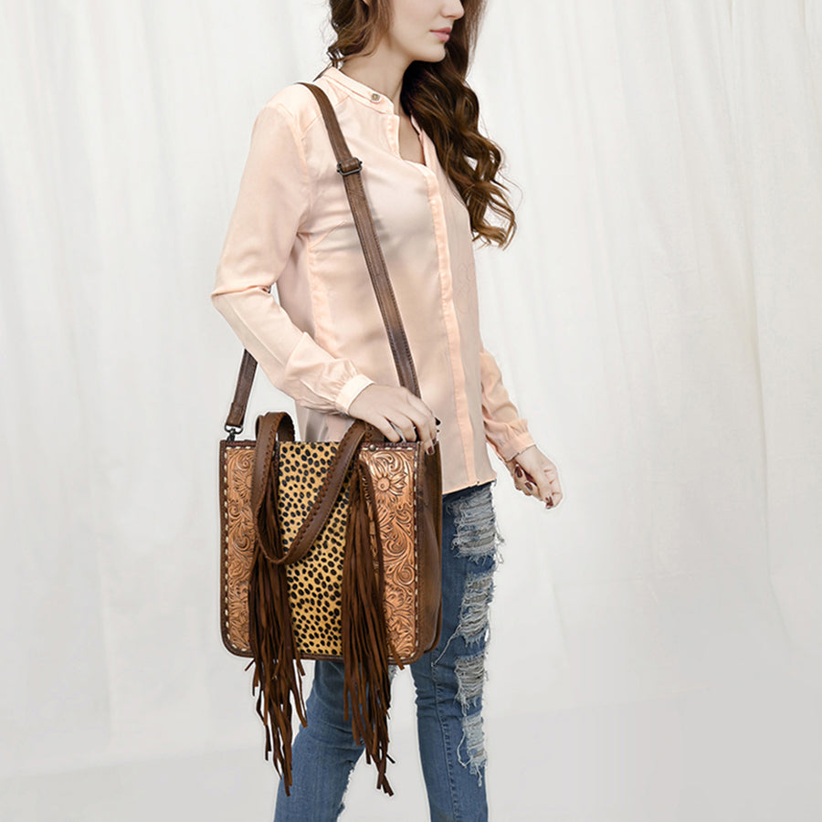 American Darling Western Tote Bag – Genuine Hair-on Cowhide and Leather, Hand-Tooled Floral Design with Long Fringes and Dual Carry Straps