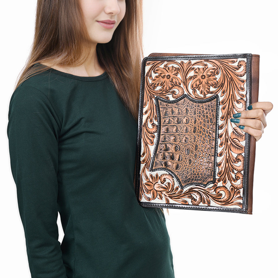 American Darling Crocodile Embossed Portfolio Bag – Genuine Leather Western Organizer with Hand-Tooled Floral Design, Durable Stitching, and Elegant Finish