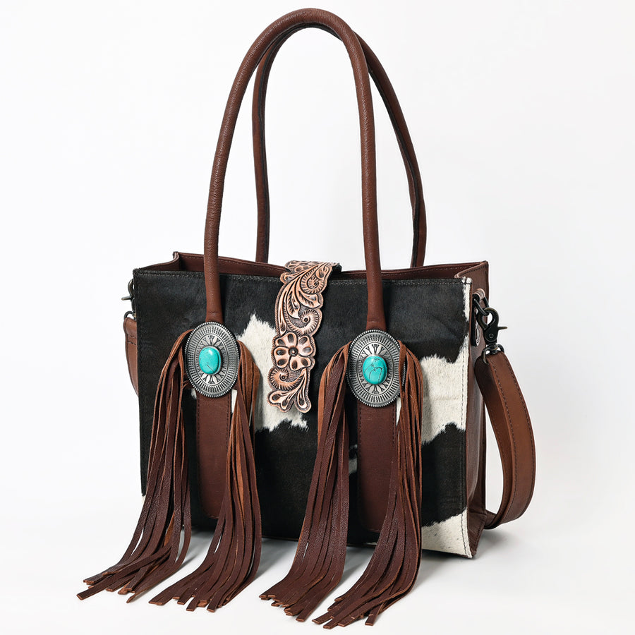 American Darling Western Leather Tote Bag with Hair-On Cowhide and Fringe - Uhorse