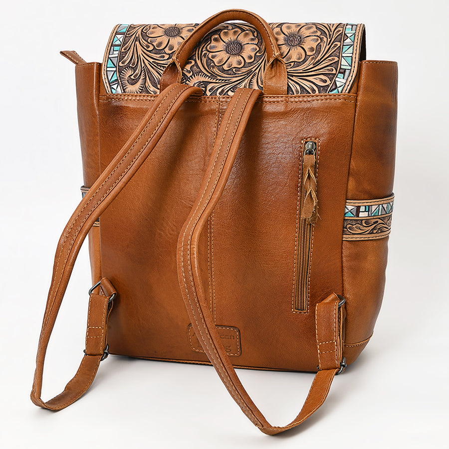 American Darling Hand-Tooled Leather Backpack, Genuine Leather Floral Carved Western Bag with Front Pocket, Everyday Travel Backpack