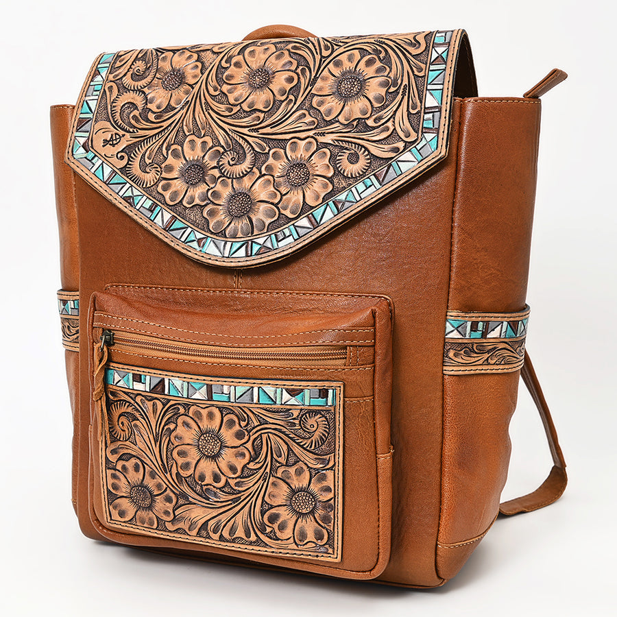 American Darling Western Leather Backpack with Hand-Tooled Floral Carving - Uhorse