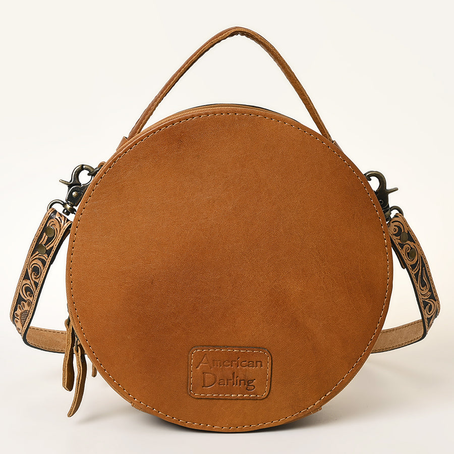 American Darling Hand-Tooled Leather Canteen Bag, Genuine Leather Round Crossbody with Woven Saddle Blanket and Floral Carving