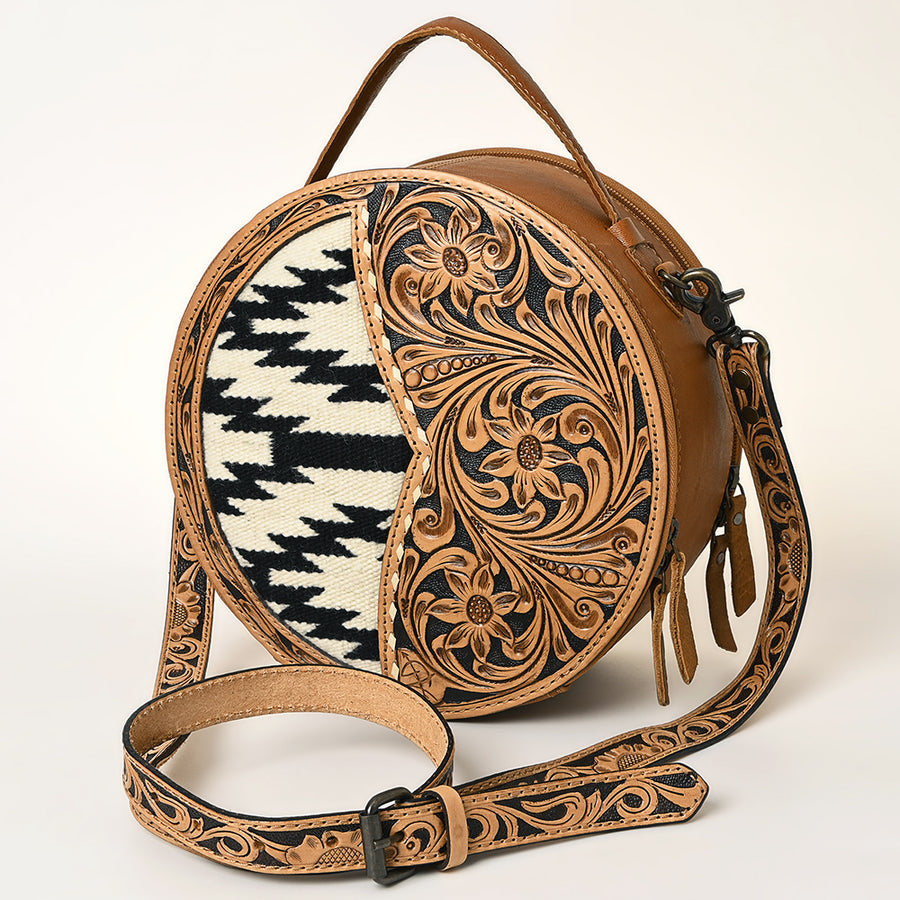 American Darling Hand-Tooled Western Leather Canteen Bag with Woven Saddle Blanket - Uhorse