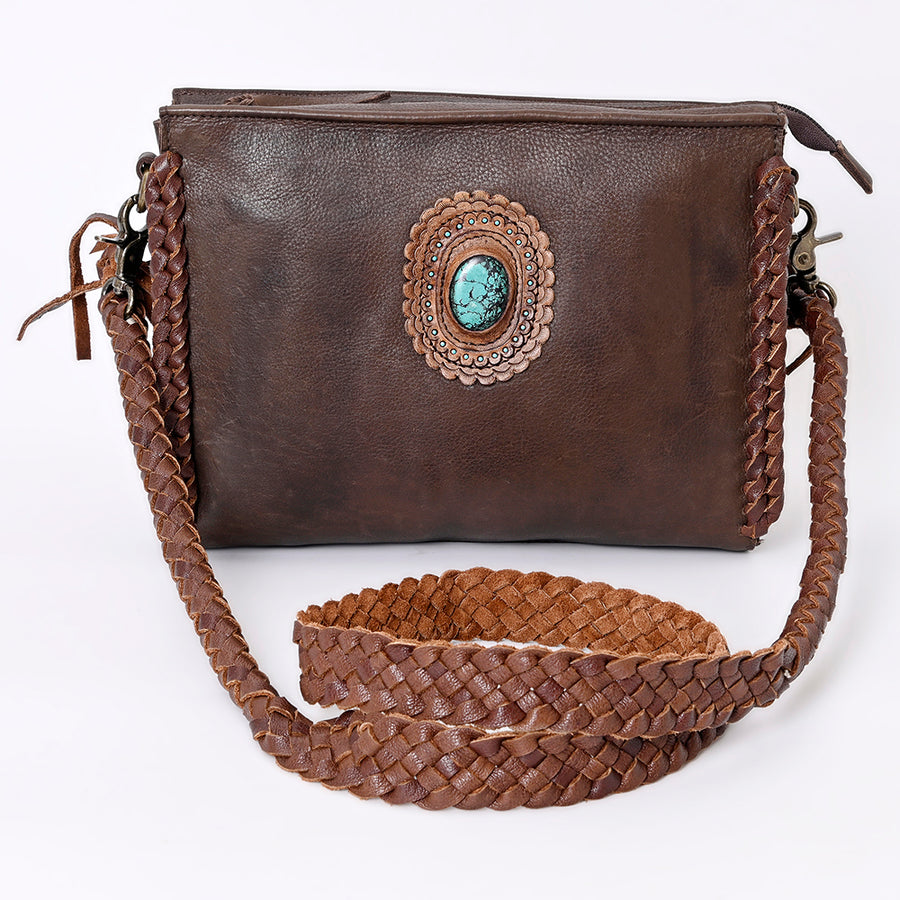 American Darling Cross body Bag Western Genuine Leather Handcrafted Purse with Turquoise Stone and Braided Detail