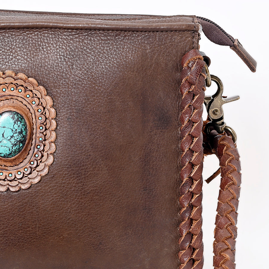 American Darling Cross body Bag Western Genuine Leather Handcrafted Purse with Turquoise Stone and Braided Detail
