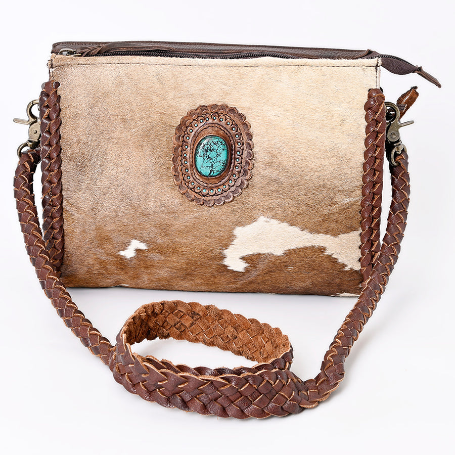 American Darling Cross body Bag Western Genuine Leather Handcrafted Purse with Turquoise Stone and Braided Detail