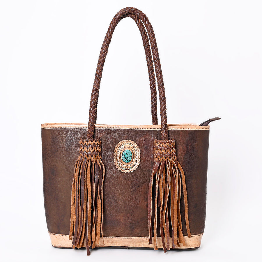 American Darling Tote Bag Western Genuine Leather Handcrafted Large Purse with Fringes, Turquoise & Braided Detail