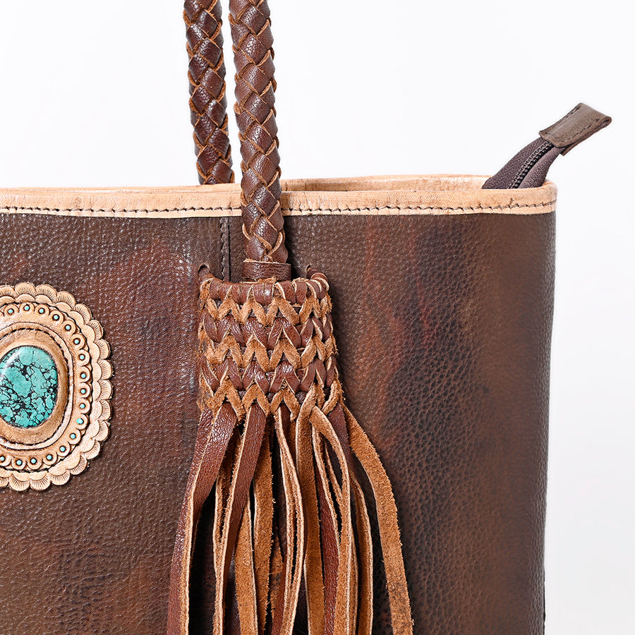 American Darling Tote Bag Western Genuine Leather Handcrafted Large Purse with Fringes, Turquoise & Braided Detail