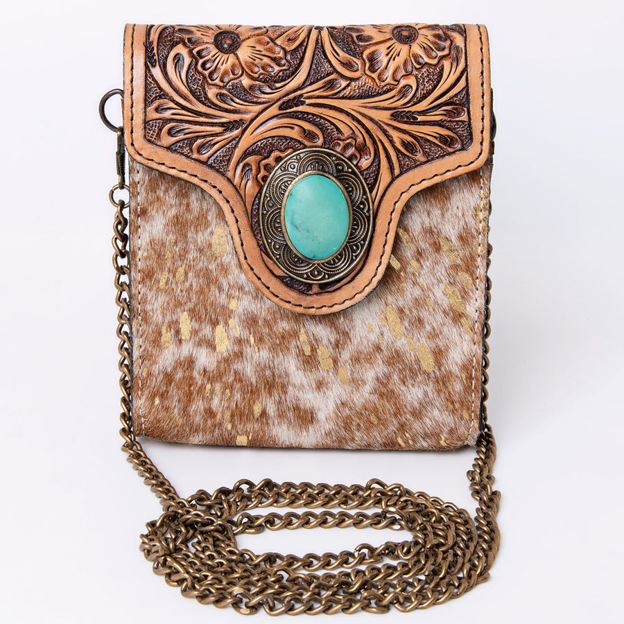 American Darling Small Cross body Bag Western Leather Hair-On Cowhide Hand Tooled Floral Turquoise Concho 5.5x5