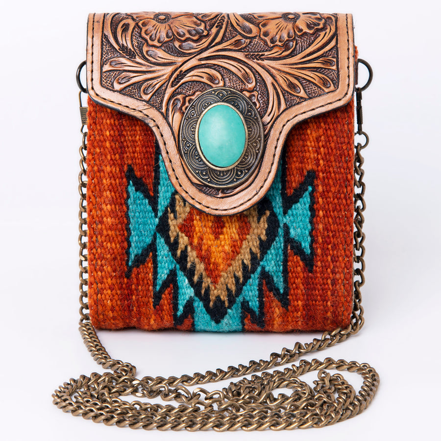 American Darling Small Cross body Bag Western Leather Hair-On Cowhide Hand Tooled Floral Turquoise Concho 5.5x5